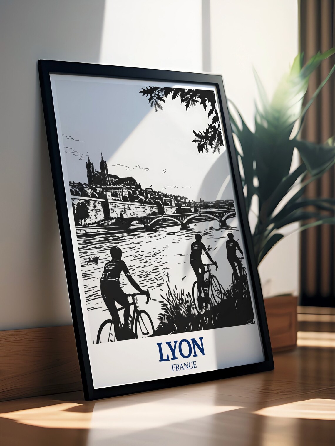 Lyon France Black White Riverbank Cyclists Bridge Art Poster - Image 3