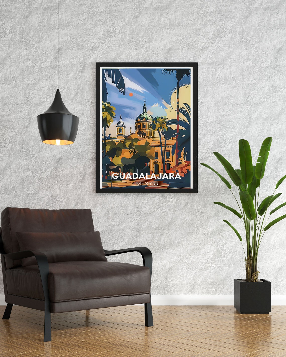 Guadalajara Mexico Cathedral Palms Dusk City Scene Art Poster - Image 2