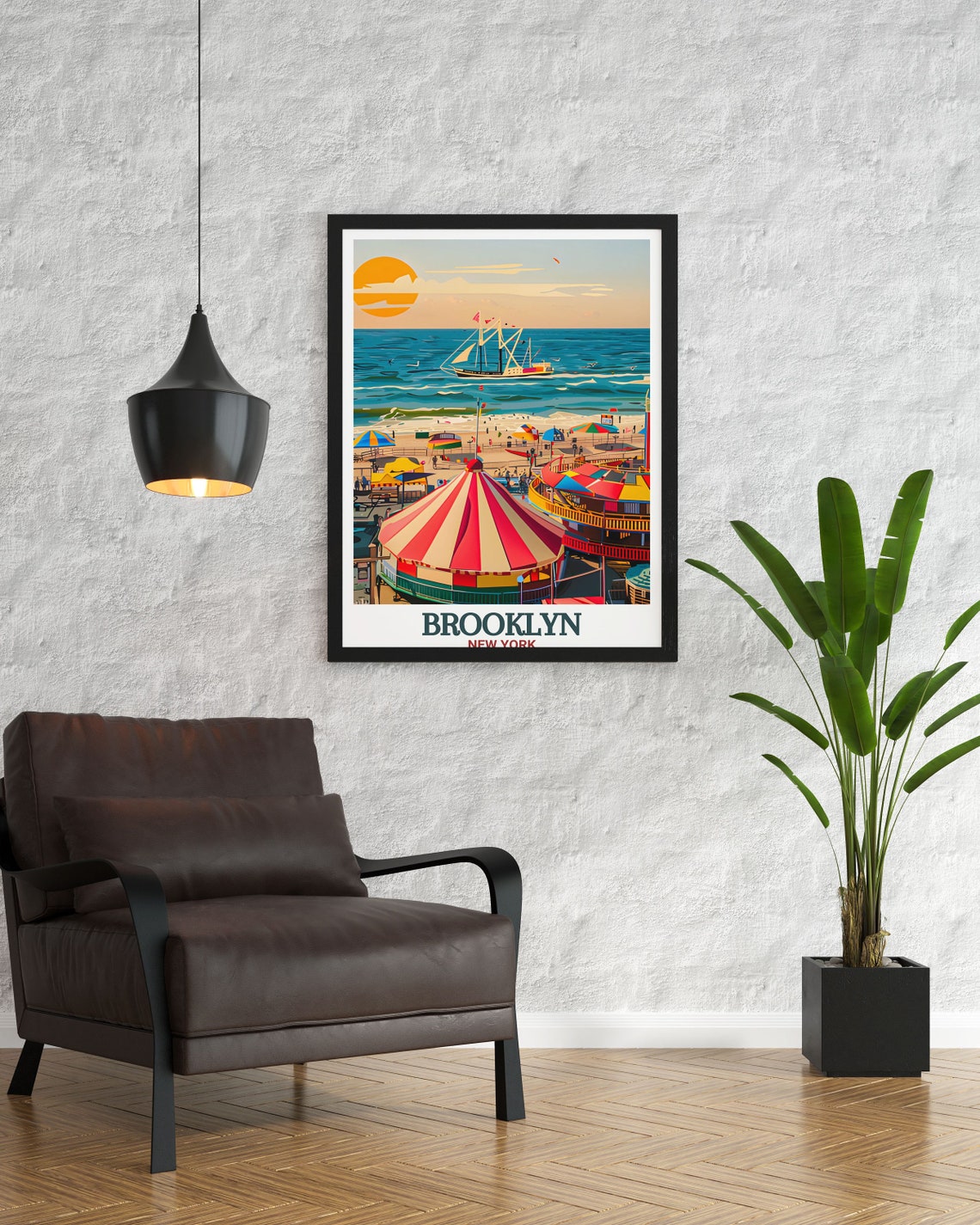 Brooklyn New York Coney Island Boardwalk Carousel Sunset Travel Poster - Image 3