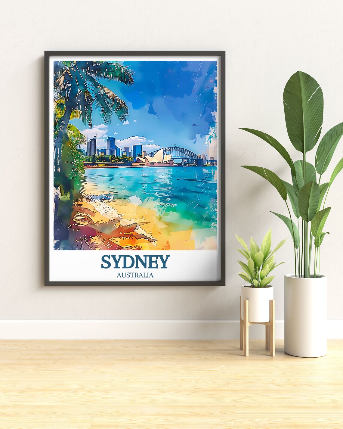 Sydney Australia Harbor Beach Palms Watercolor Travel Poster - Image 2