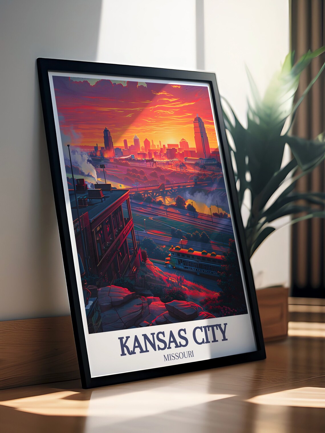 Kansas City Missouri Downtown Skyline Sunset Riverside View Poster - Image 2