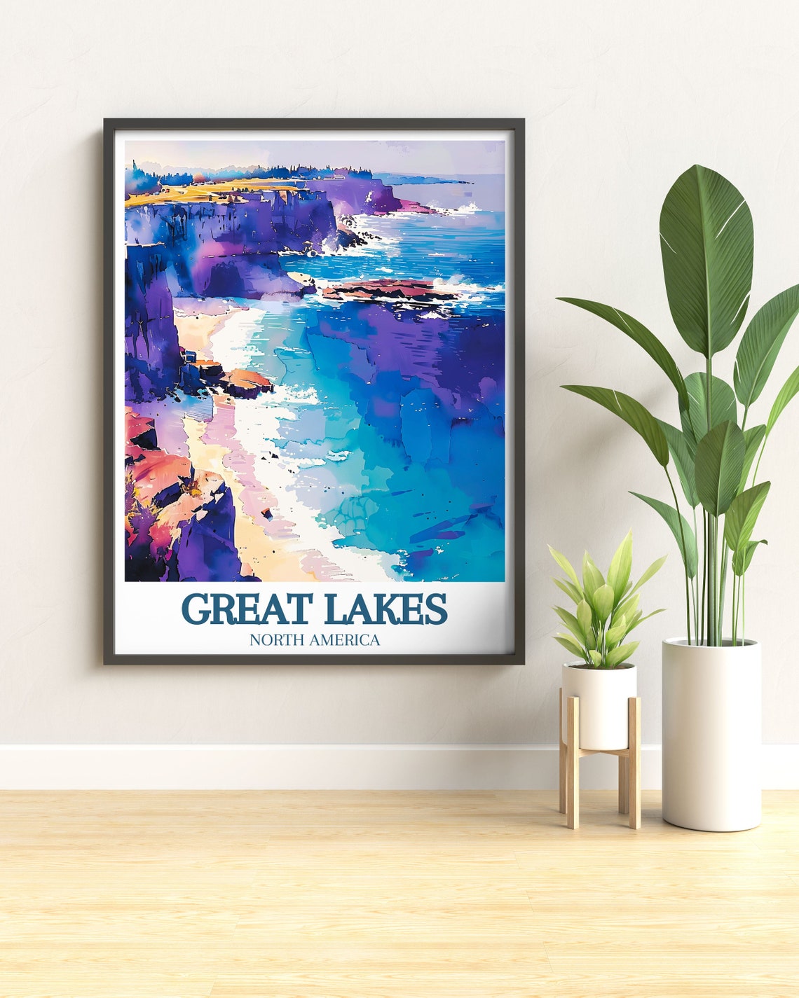 Great Lakes Dramatic Cliffs Watercolor Seascape Travel Poster - Image 3
