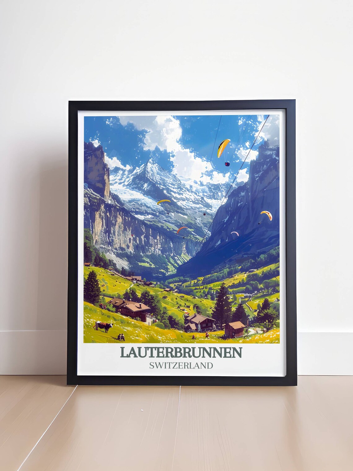 Lauterbrunnen Valley Chalets Snow Peaks Switzerland Travel Poster - Image 2