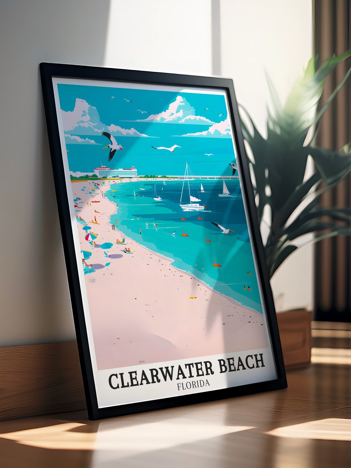 Clearwater Beach Pelicans Sailboats Pastel Florida Shore Poster - Image 3