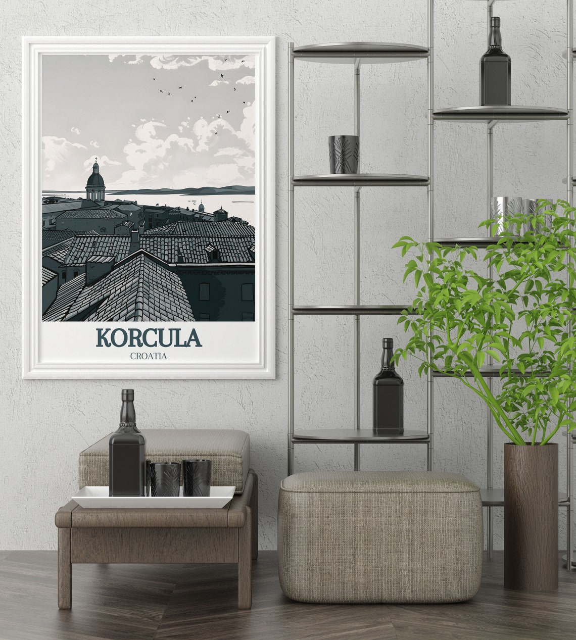 Korcula St Marks Cathedral Rooftops Monochrome Adriatic Coast Poster - Image 3