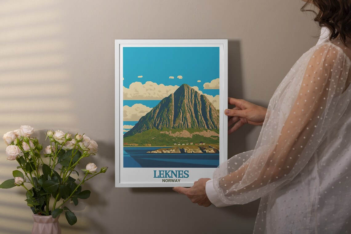 Leknes Norway Dramatic Mount Hoven Peak Alpine Lake Travel Poster - Image 3