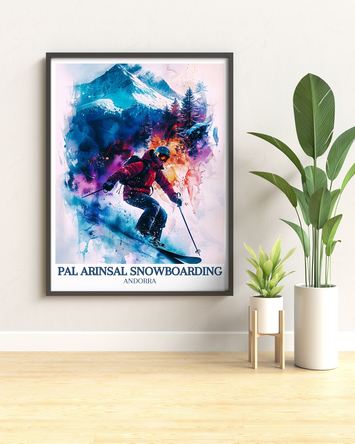 Pal Arinsal Skier Carving Powder in a Colorful Watercolor Poster - Image 2