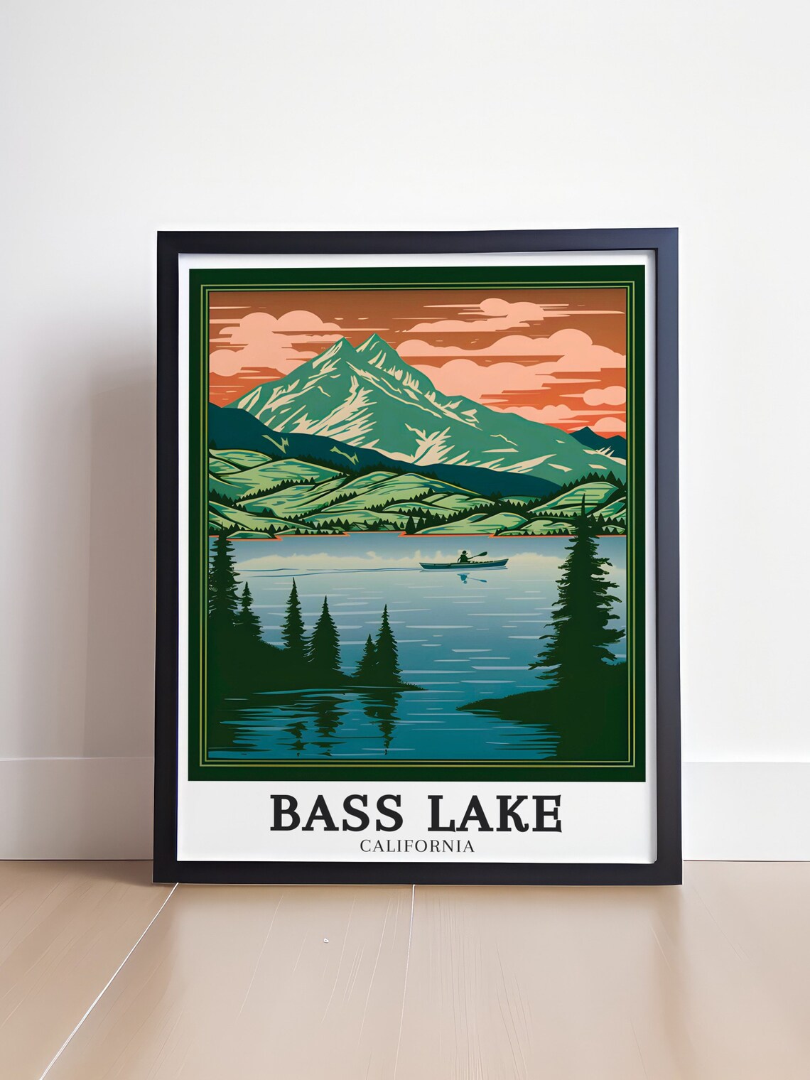 Bass Lake California Kayaker Mountain Sunset Pines Travel Poster - Image 4