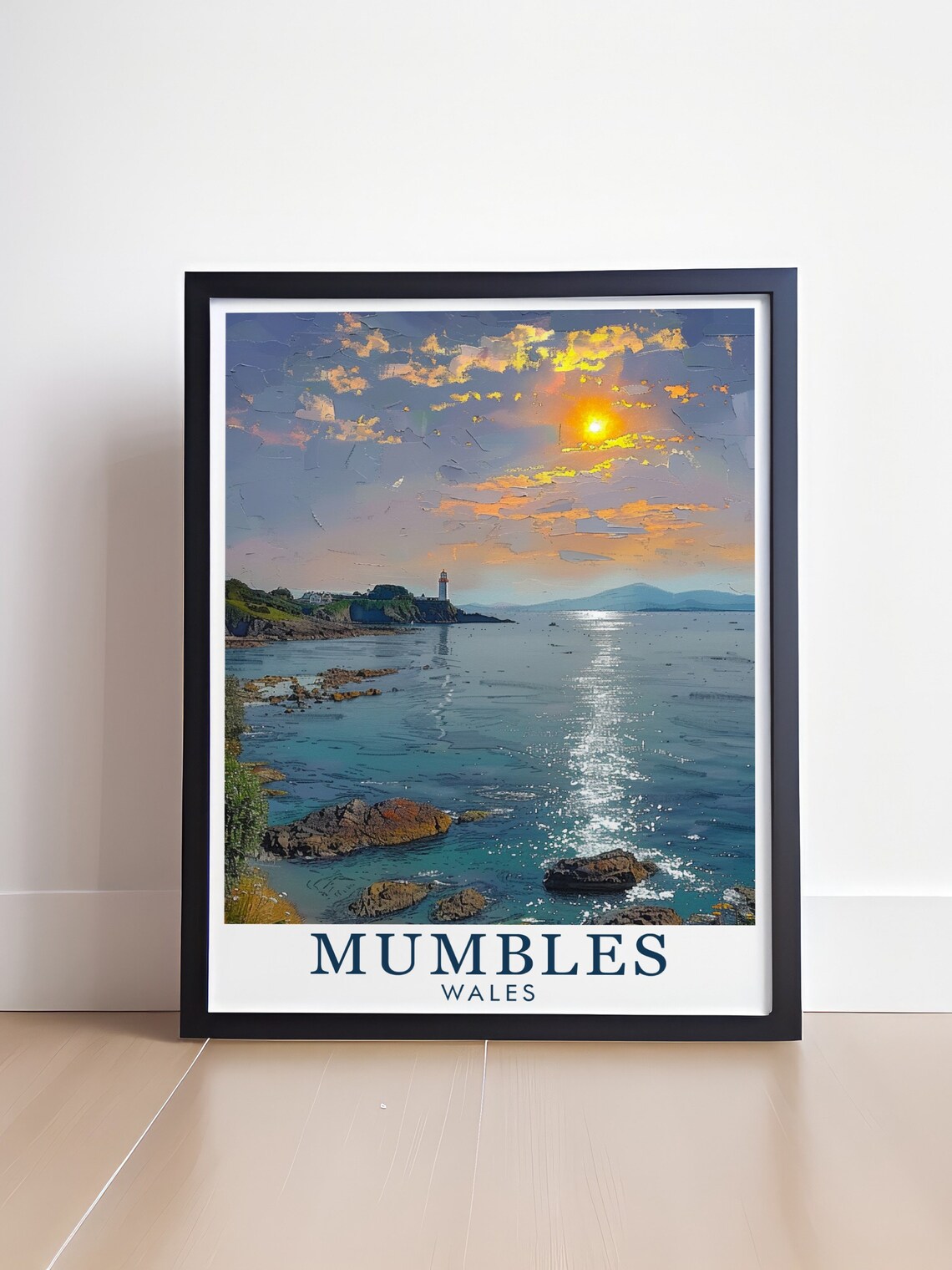 Mumbles Wales Lighthouse Rocky Coast Sunrise View Travel Poster - Image 4