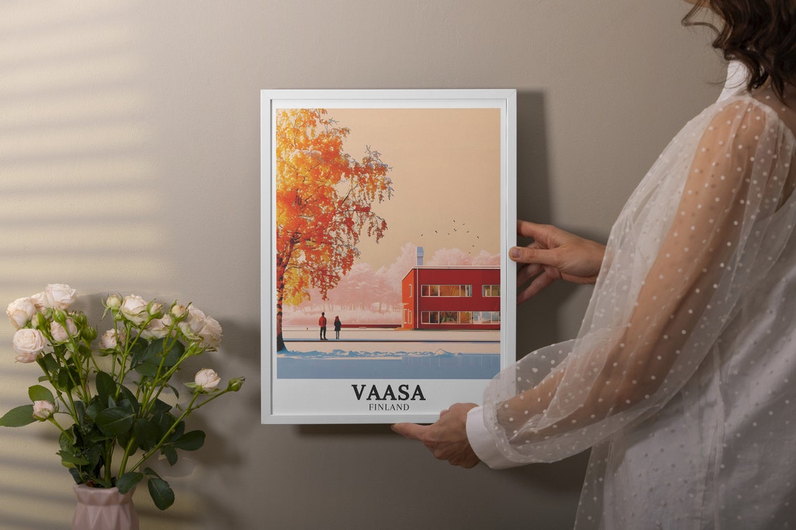 Vaasa Finland Winter Harbor Red Building Golden Birch Tree Poster - Image 2