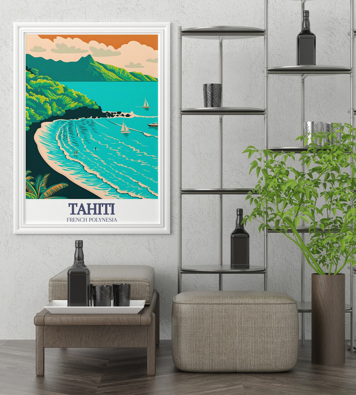 Tahiti French Polynesia Dark Sand Beach Sailboats Travel Poster - Image 2
