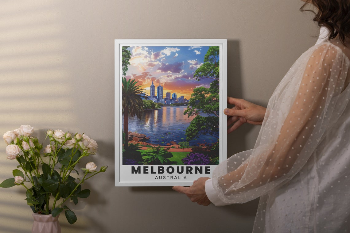 Melbourne Australia Royal Botanic Gardens Lake Sunset Travel Poster - Image 2