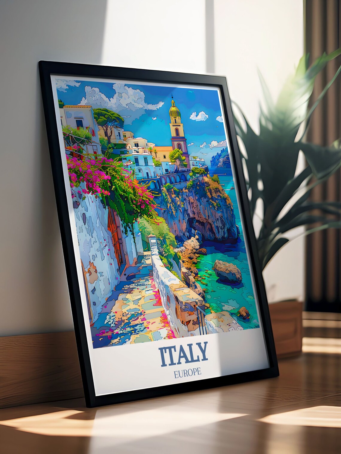 Amalfi Coast Cliffside Village Path Above Turquoise Sea Poster - Image 2