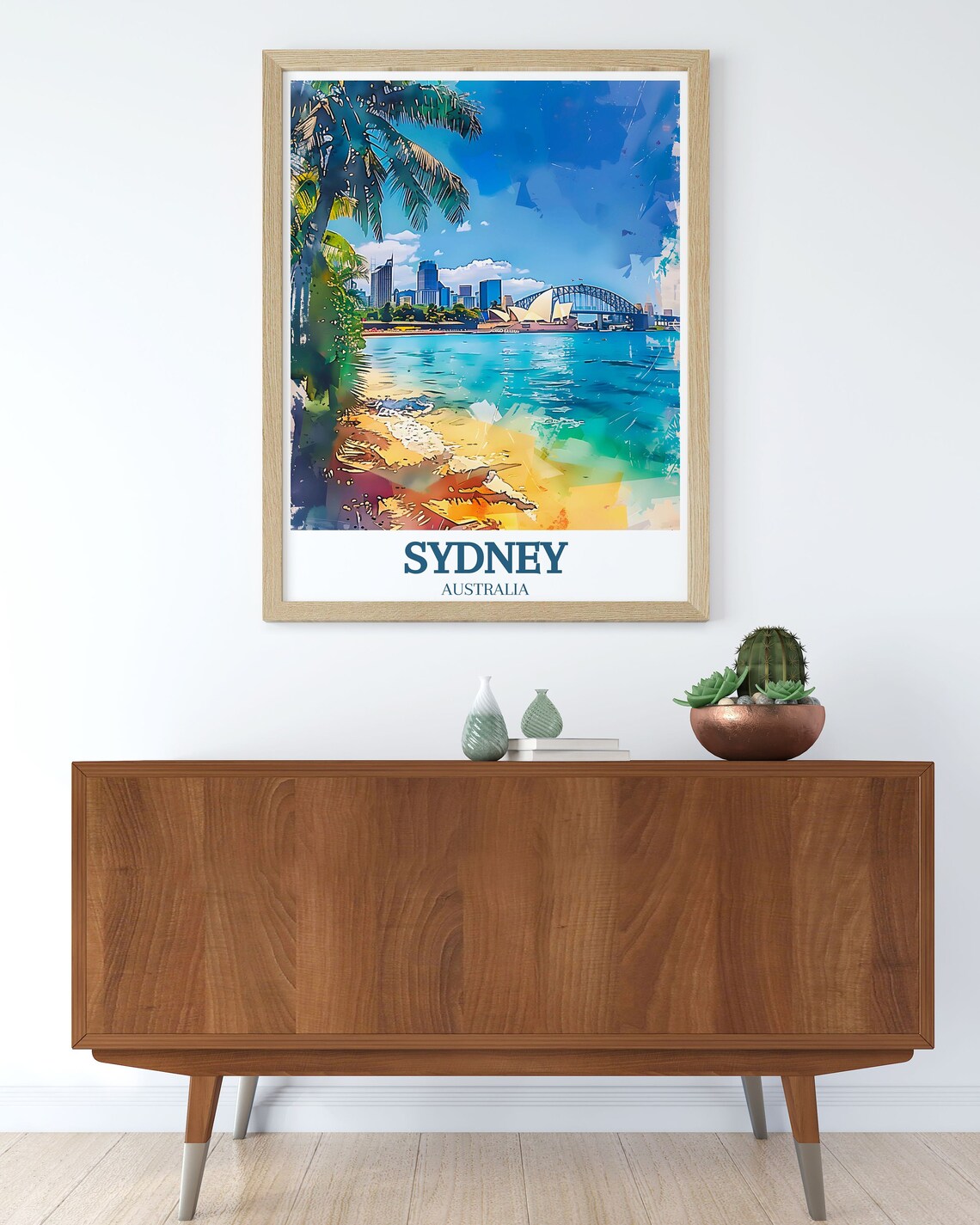 Sydney Australia Harbor Beach Palms Watercolor Travel Poster - Image 3