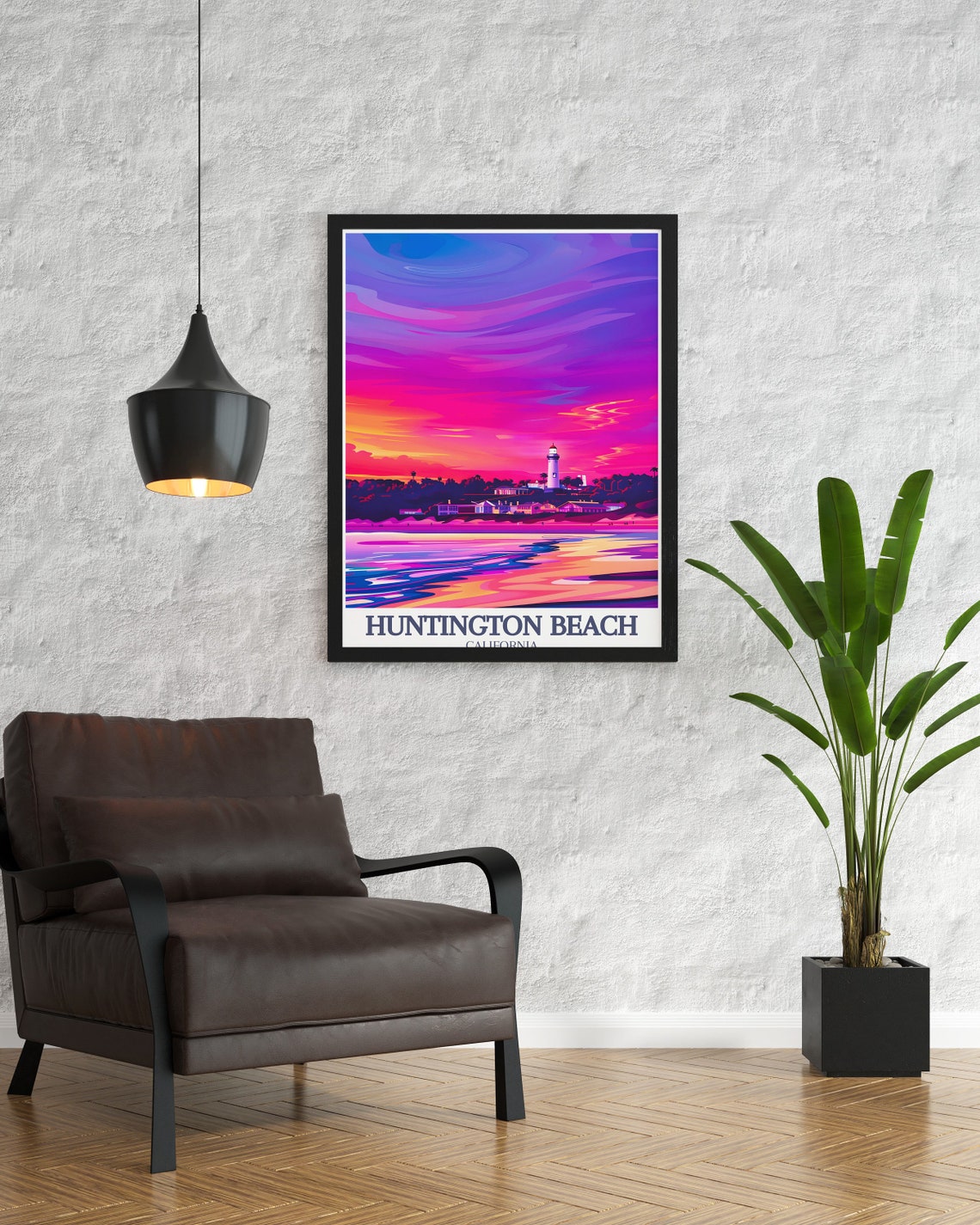 Huntington Beach Lighthouse Under a Neon Sunset Sky Travel Poster - Image 3