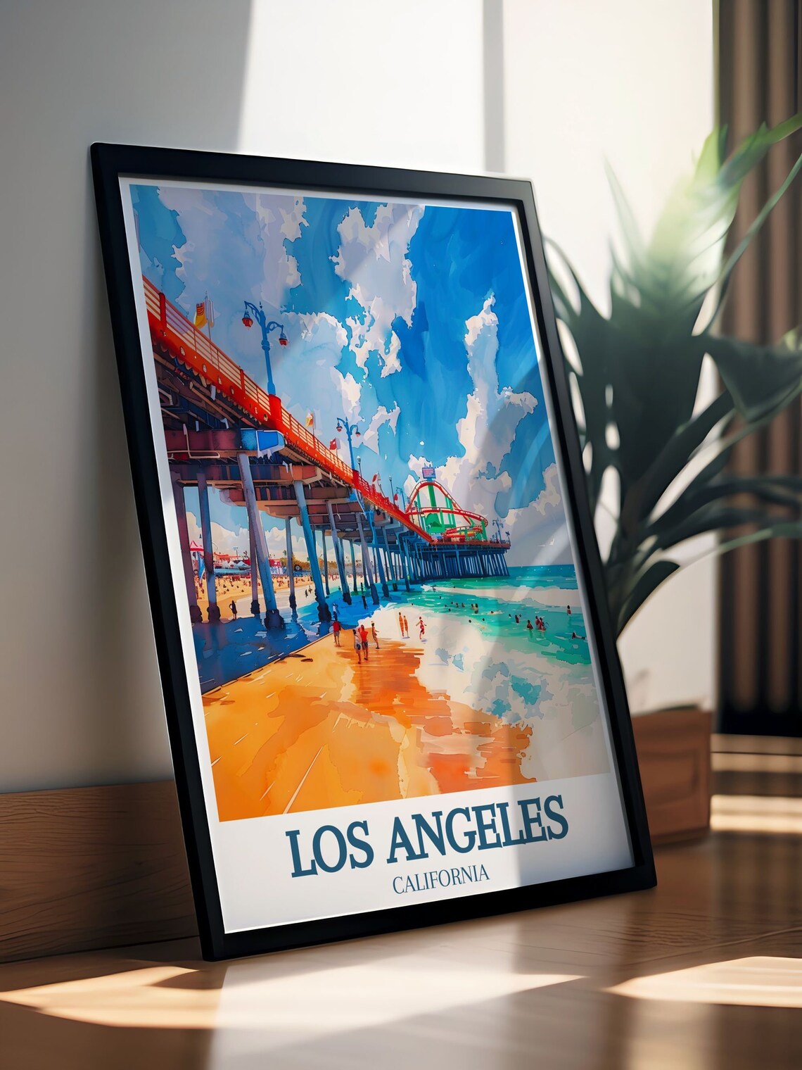 Los Angeles California Santa Monica Pier Beach Watercolor Poster - Image 2