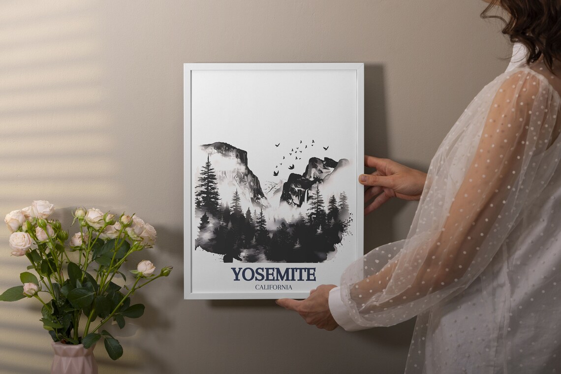 Yosemite California Black Ink Wash El Capitan Valley Travel Poster - Image 2