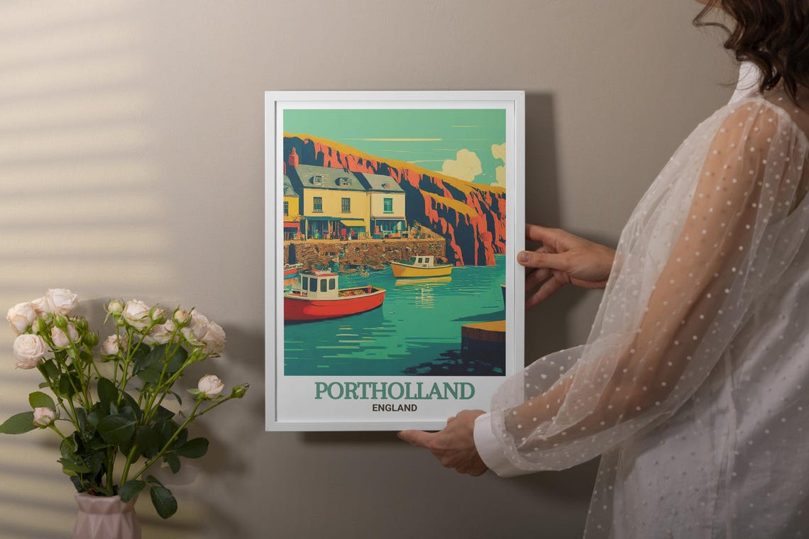 Portholland England Poster with Harbor Boats and Red Sandstone Cliffs - Image 2