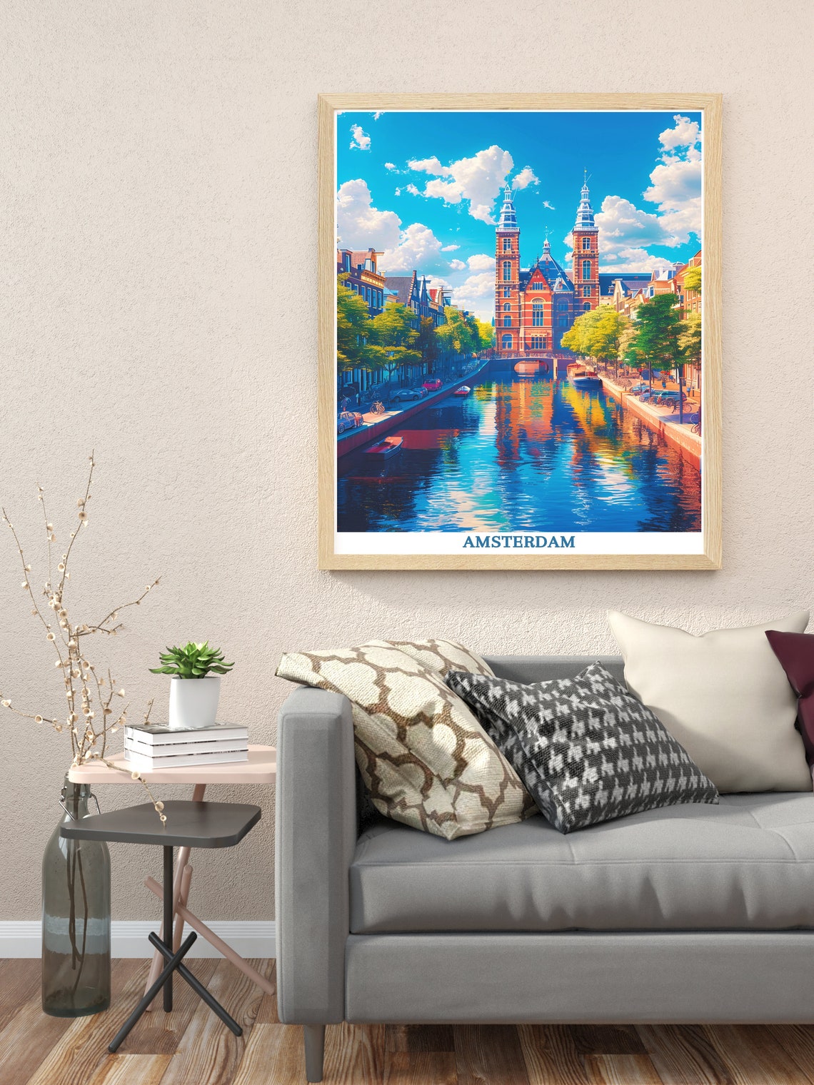 Amsterdam Historic Canal with Twin Tower Brick Building Travel Poster - Image 3