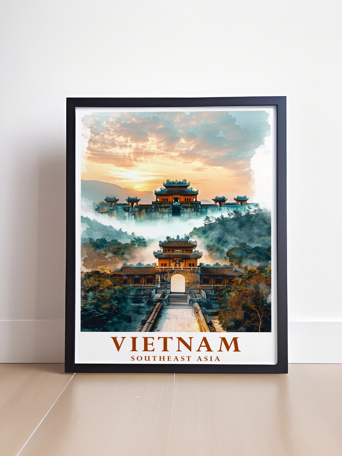 Vietnam Hue Imperial City Gate Sunrise Watercolor Travel Poster - Image 4