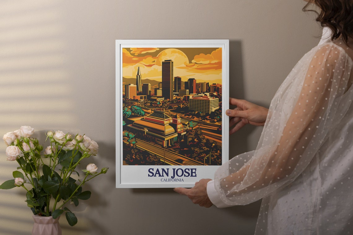San Jose California Downtown Skyline at Golden Sunset Retro Poster - Image 3