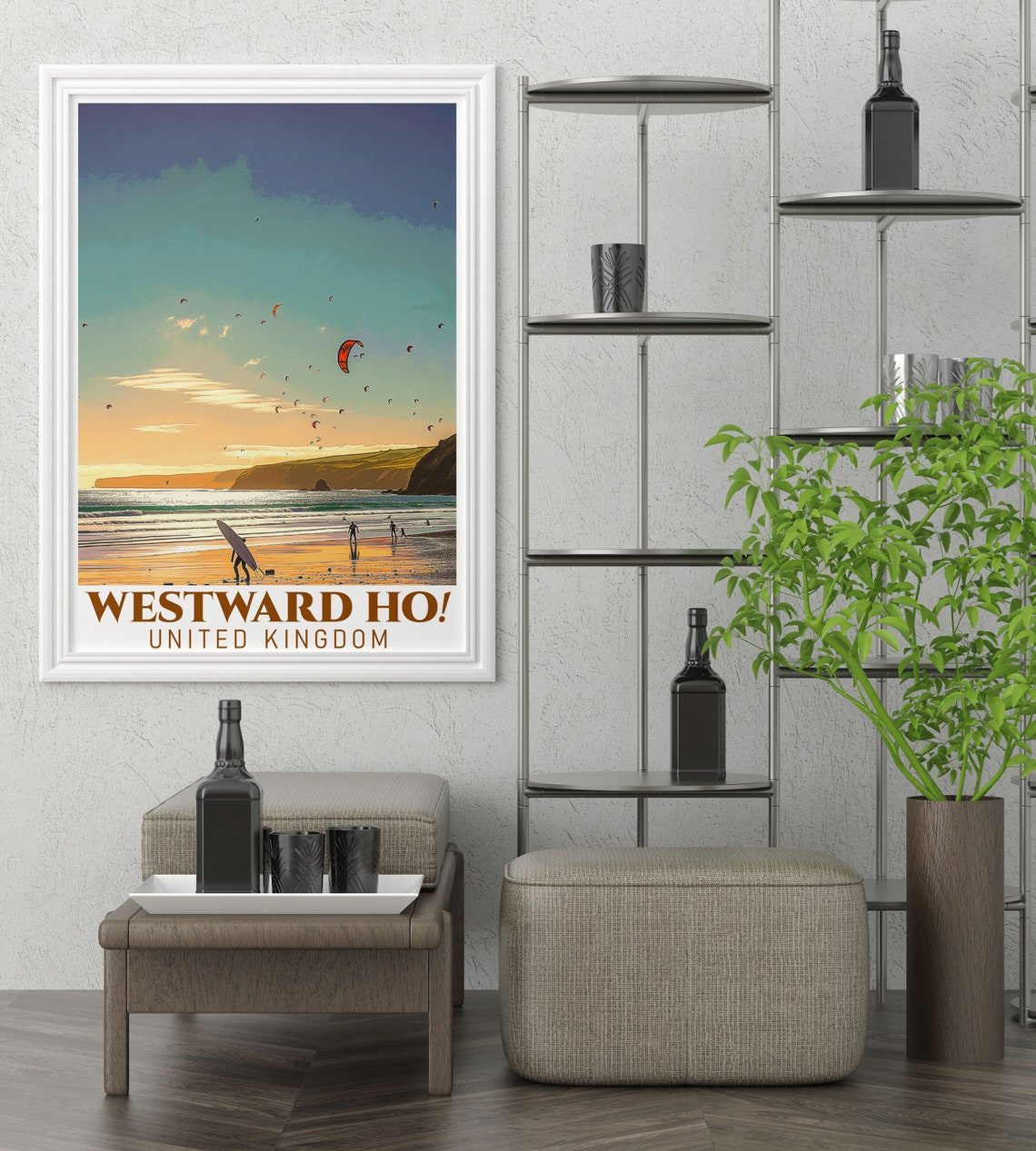 Westward Ho Golden Sunset Beach with Surfers and Kites Poster - Image 2
