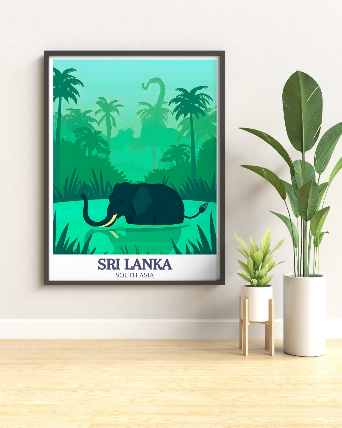 Sri Lanka Elephant River Jungle Emerald Silhouette Travel Art Poster - Image 3