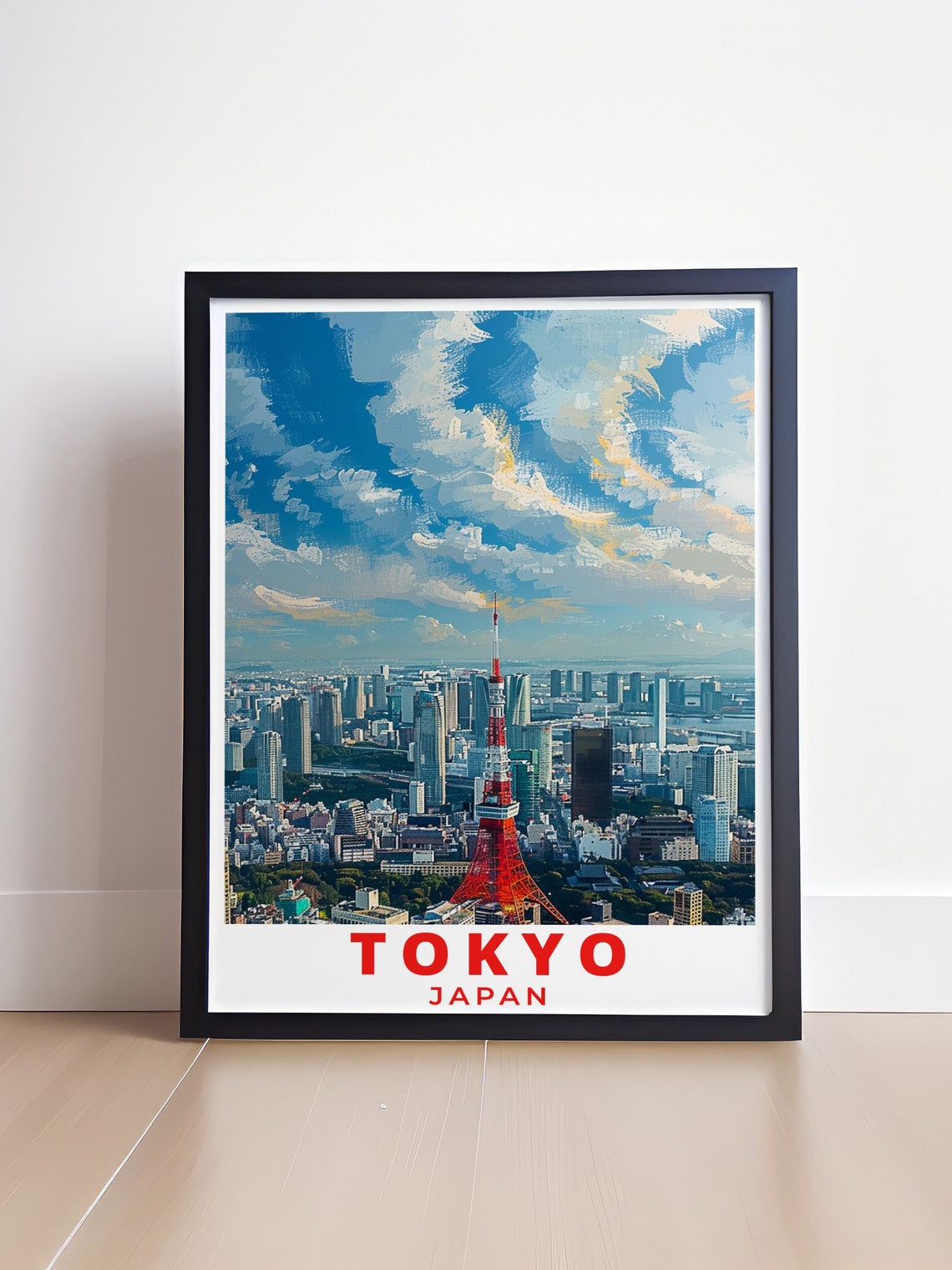 Tokyo Japan Red Tokyo Tower Under Sweeping Painted Clouds Poster - Image 4