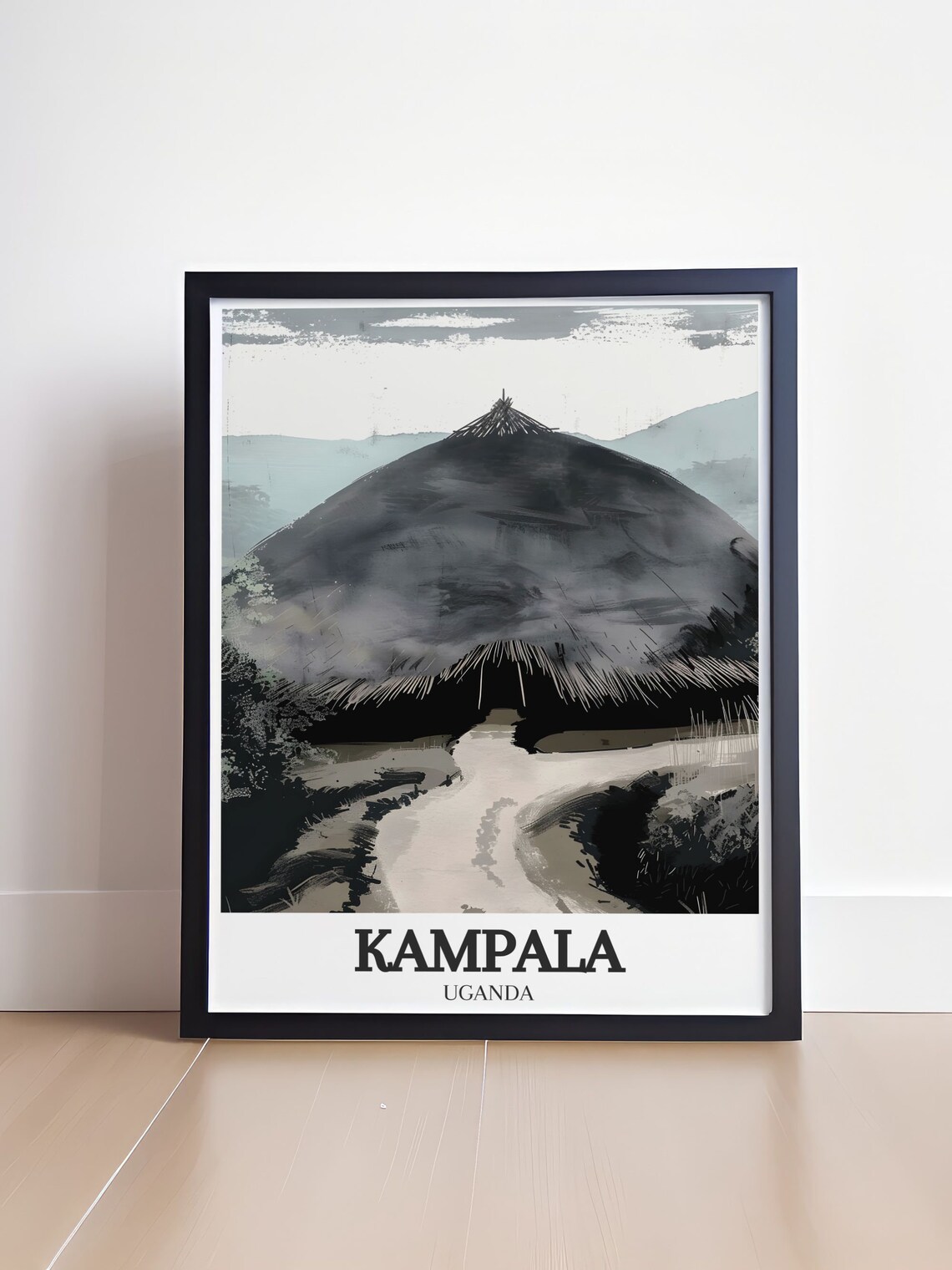Kampala Traditional Thatched Hut Ink Wash Style Uganda Art Poster - Image 4