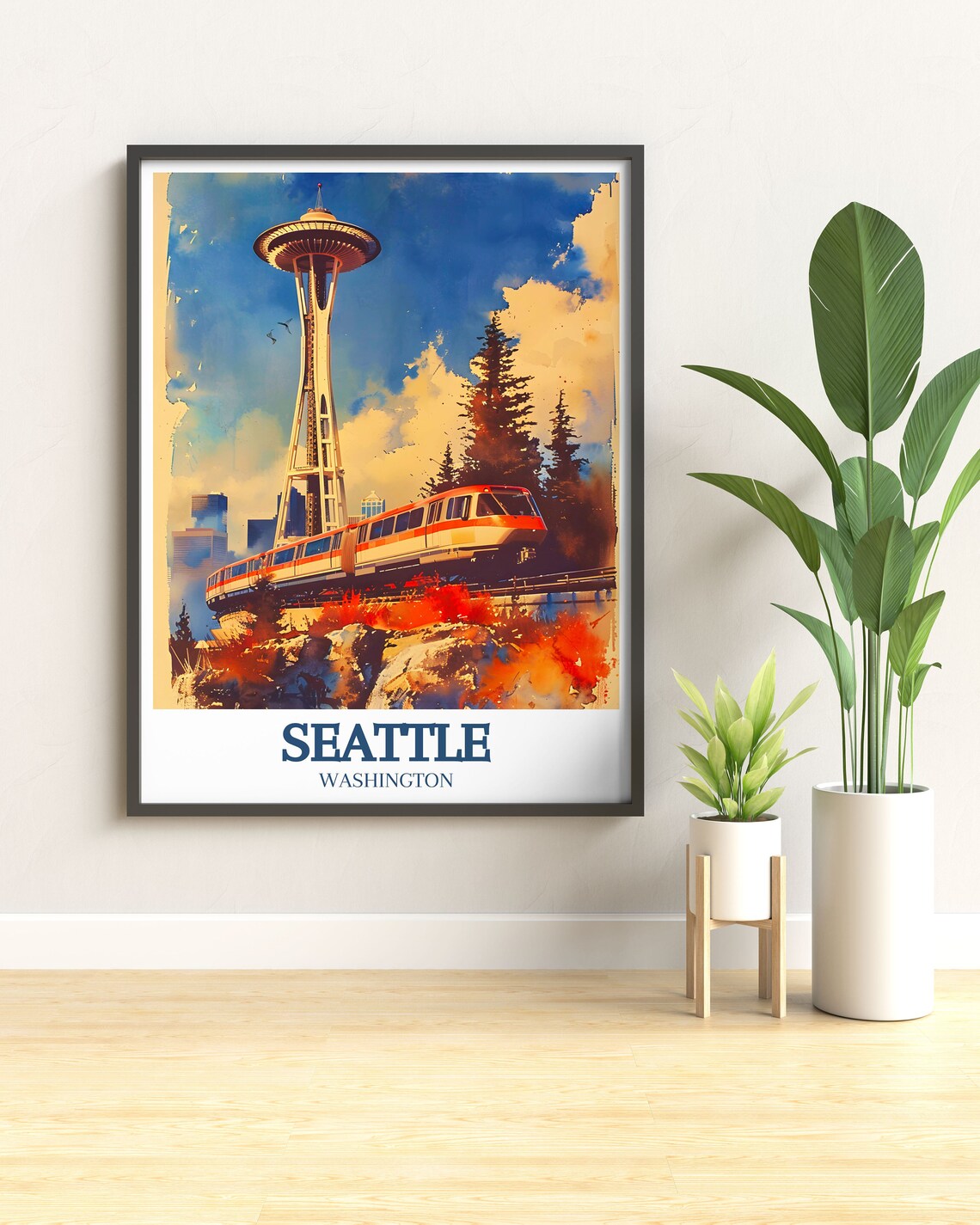 Seattle Space Needle and Monorail Watercolor Washington Travel Poster - Image 3
