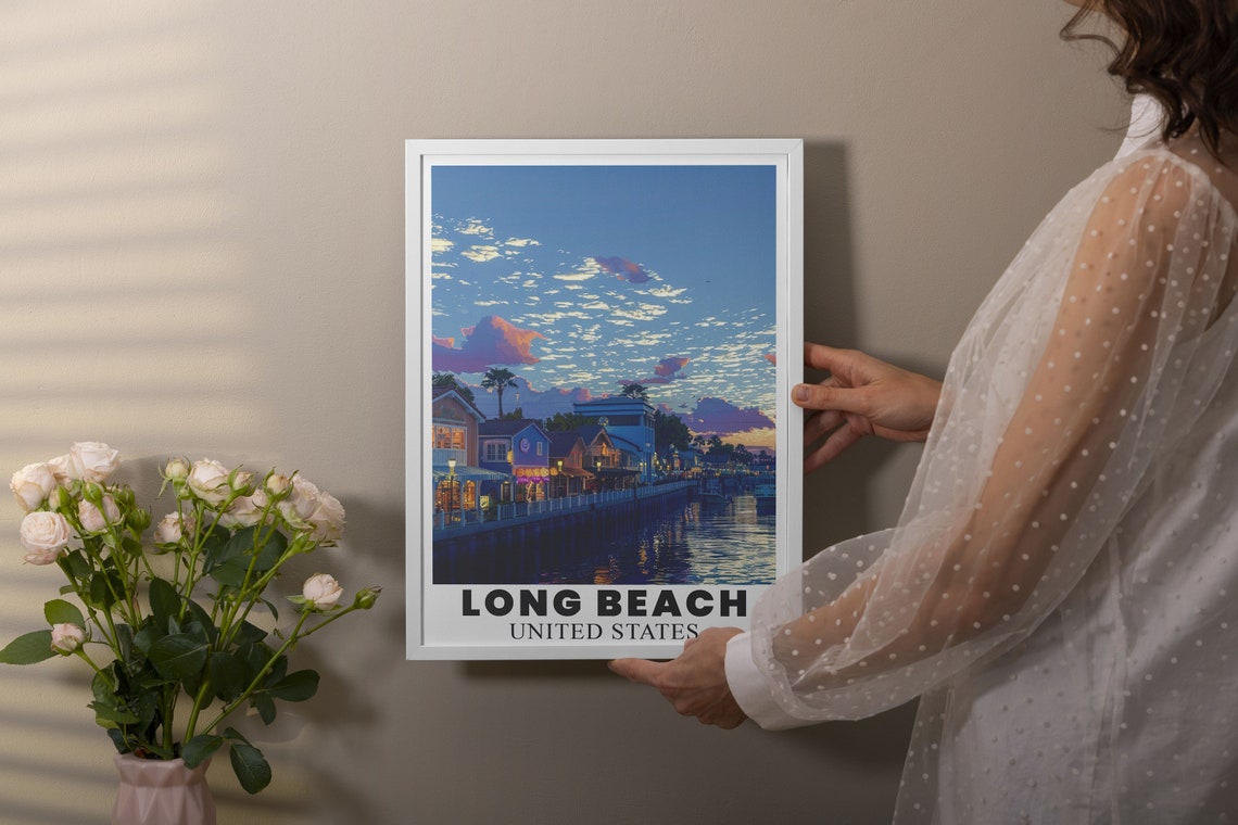 Long Beach Shoreline Village Waterfront Sunset Harbor Scene Poster - Image 2