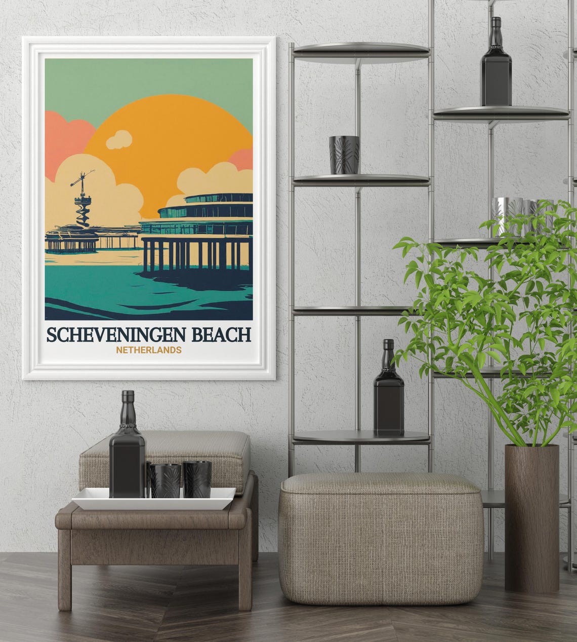 Scheveningen Beach Poster with Pier at Sunset in Retro Graphic Style - Image 3
