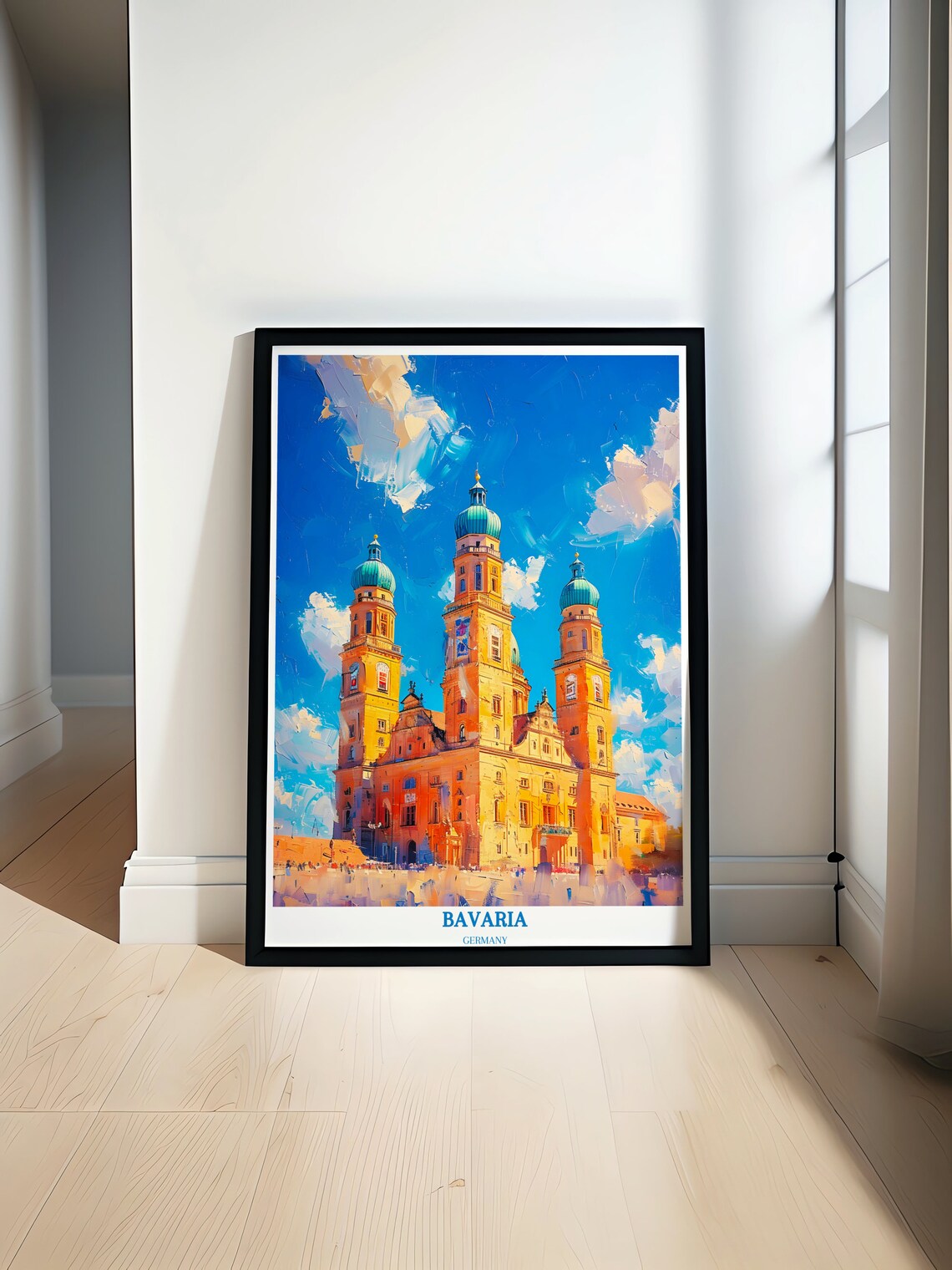 Bavaria Germany Baroque Cathedral Three Towers Blue Sky Travel Poster
