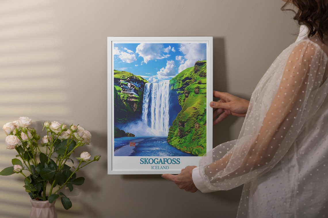 Skogafoss Iceland Towering Waterfall Between Green Cliffs Poster - Image 3