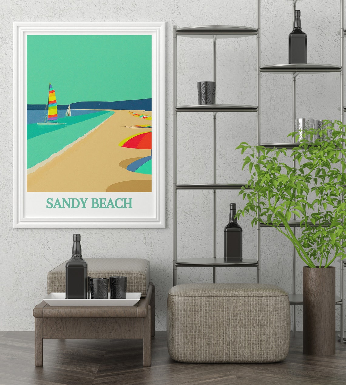 Sandy Beach Sailboats Rainbow Sails Minimalist Coastal Poster - Image 3