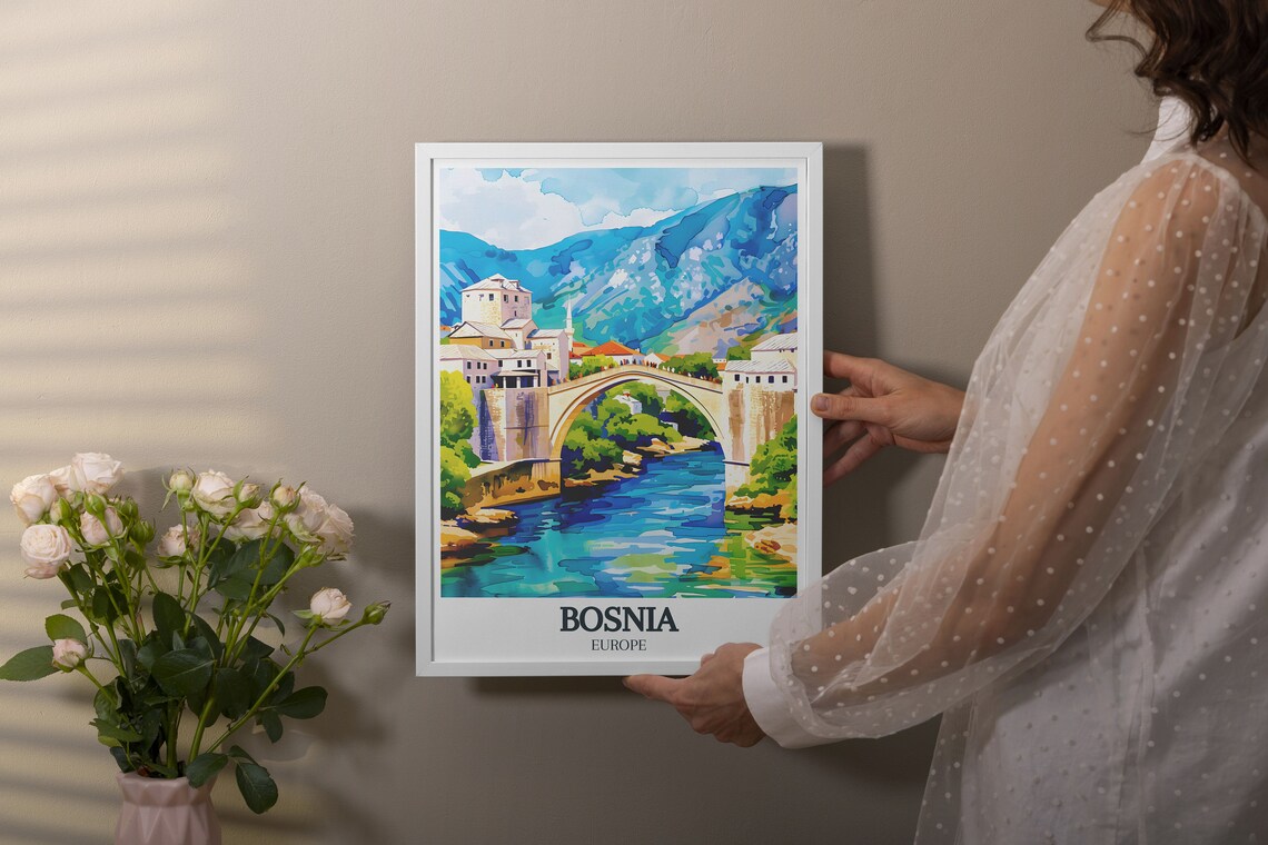 Mostar Stari Most Bridge Over the Neretva River Bosnia Travel Poster - Image 2