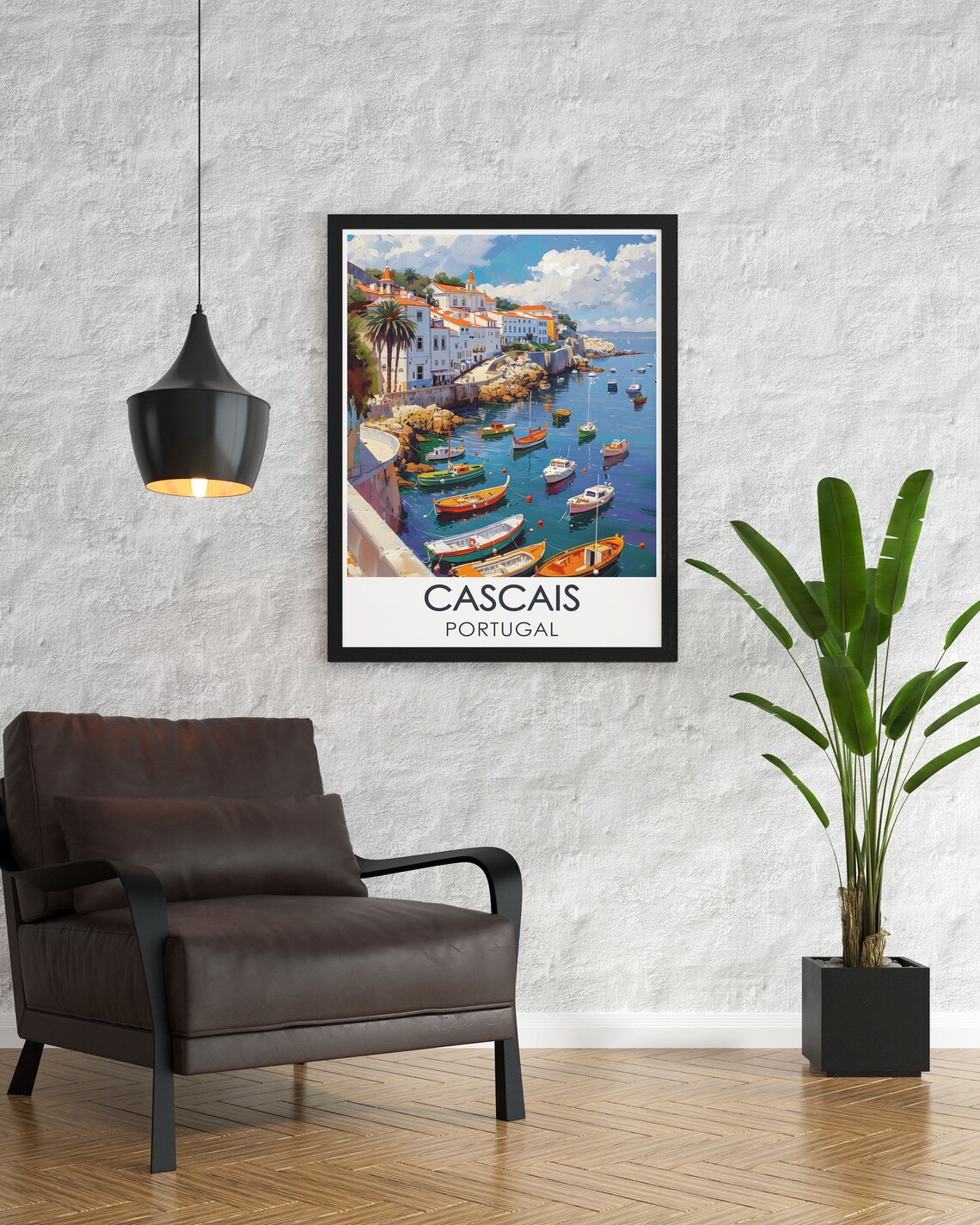 Cascais Portugal Marina Travel Poster with Colorful Fishing Boats - Image 2