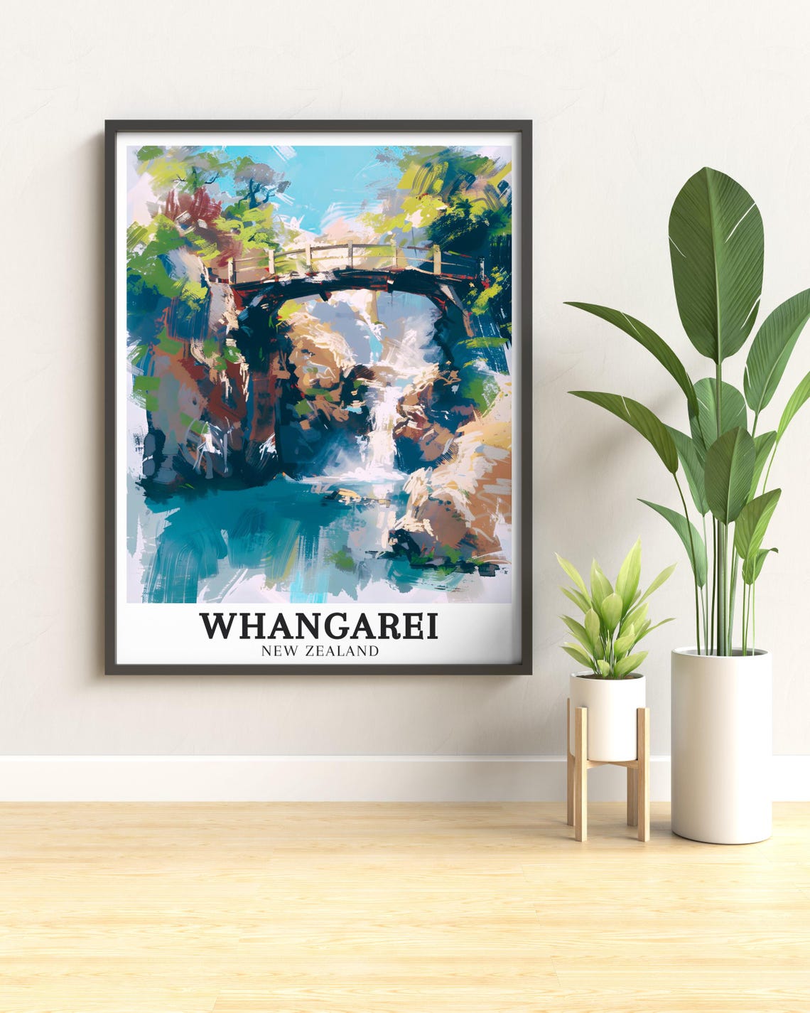 Whangarei New Zealand Waterfall Bridge Painterly Travel Poster - Image 3