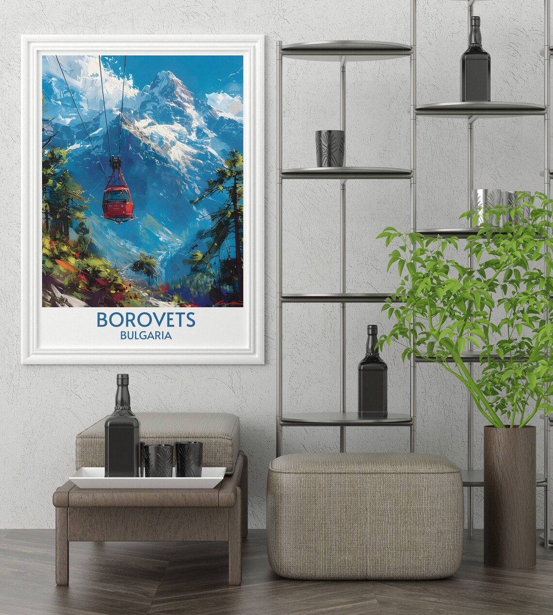 Borovets Bulgaria Red Cable Car Gondola Over Snowy Peaks Poster - Image 2
