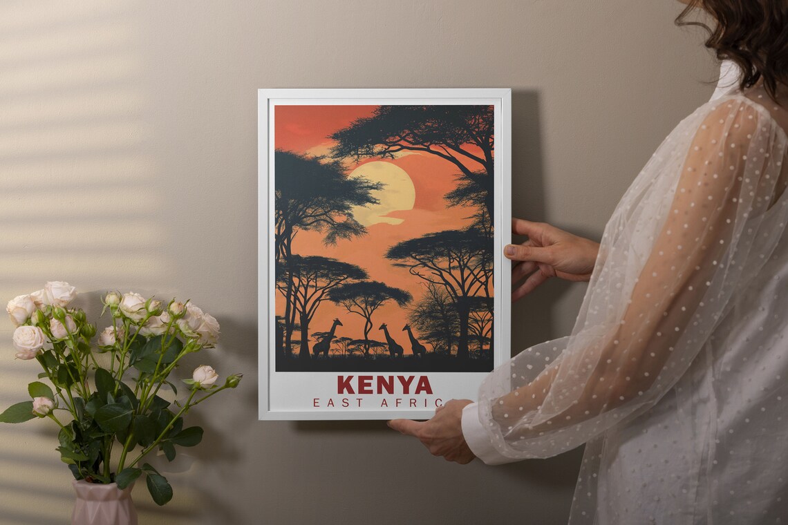 Kenya East Africa Giraffes Under An Orange Safari Sunset Poster - Image 3