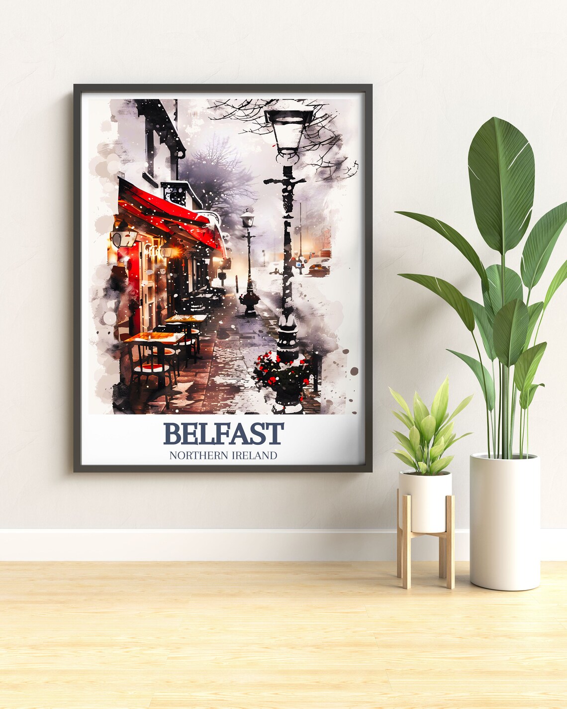 Belfast Northern Ireland Snowy Cafe Street Winter Art Poster - Image 3