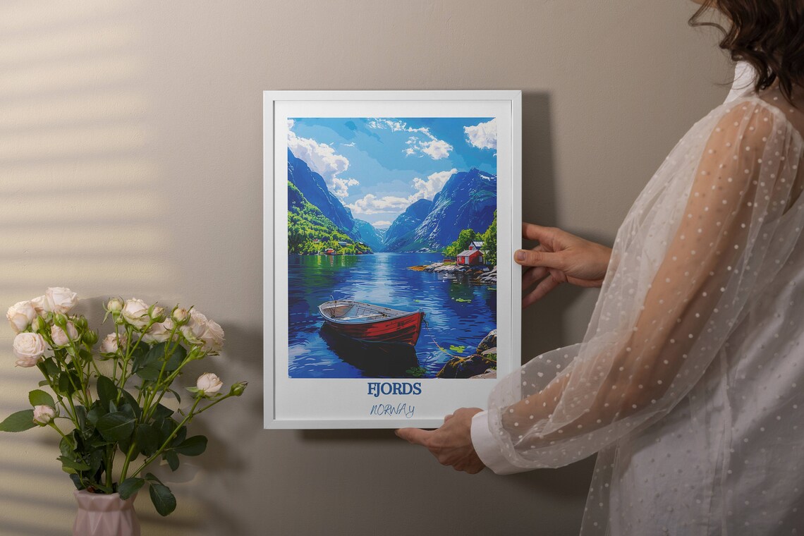 Norwegian Fjord With Red Rowboat And Red Cabin In Norway Poster - Image 4