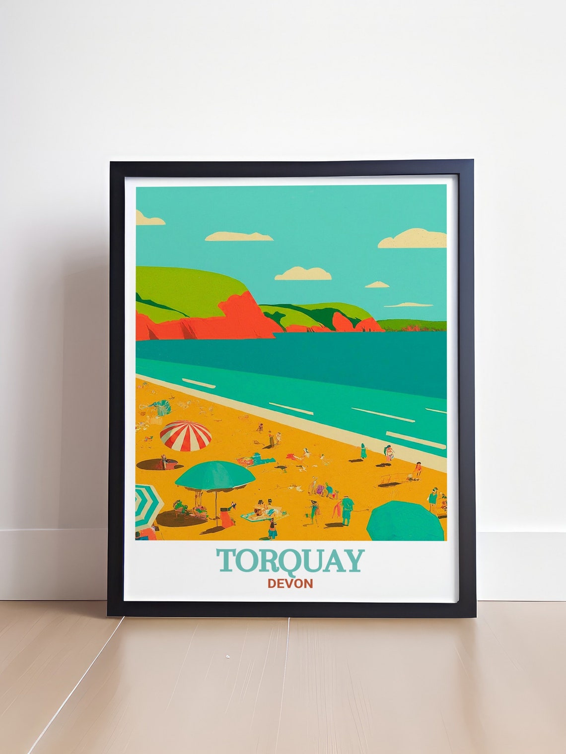 Torquay Devon Meadfoot Beach Umbrellas Red Cliffs Sunny Travel Poster - Image 4