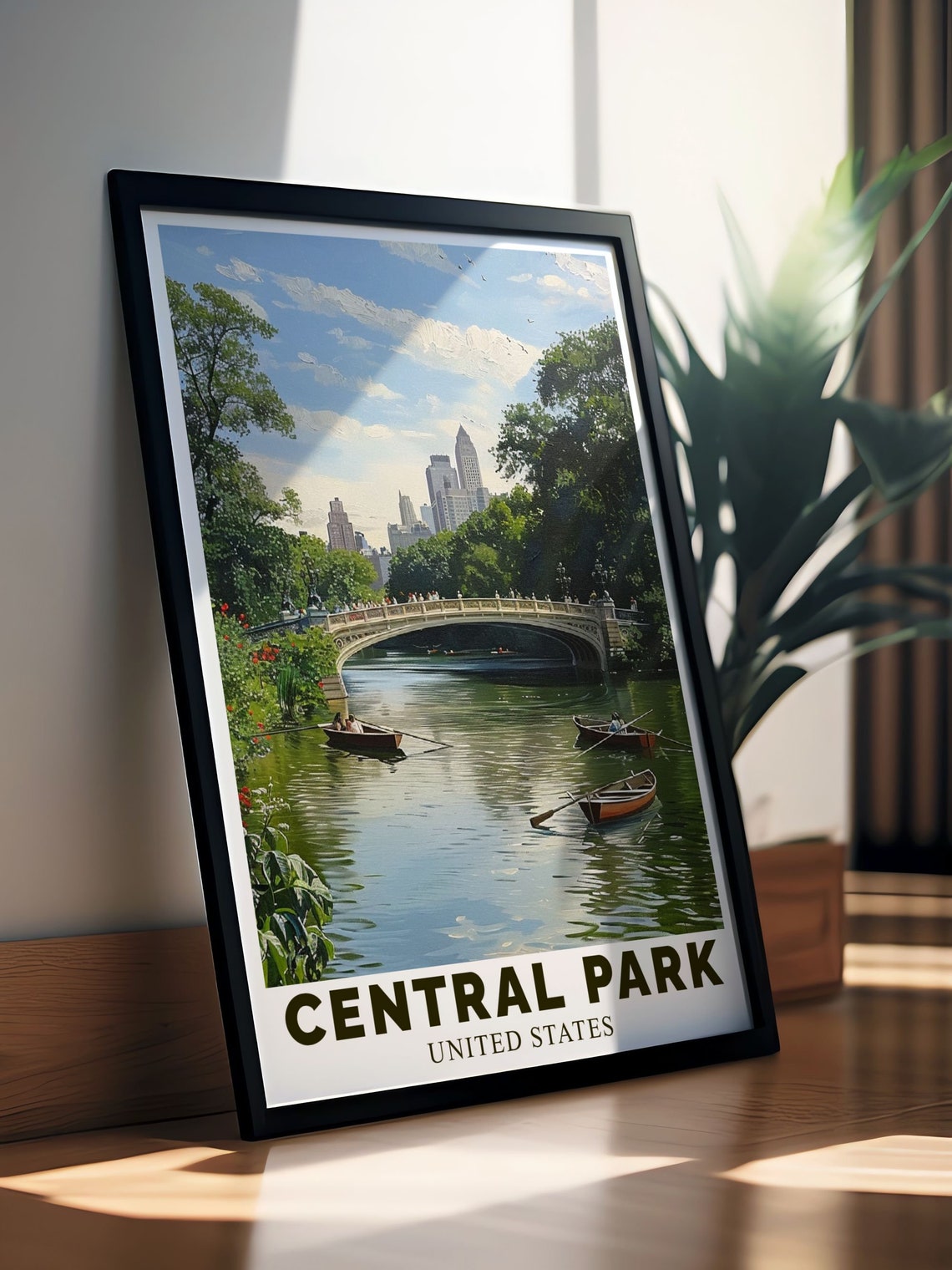 New York Central Park Bow Bridge Rowboats Summer Lake Poster - Image 2