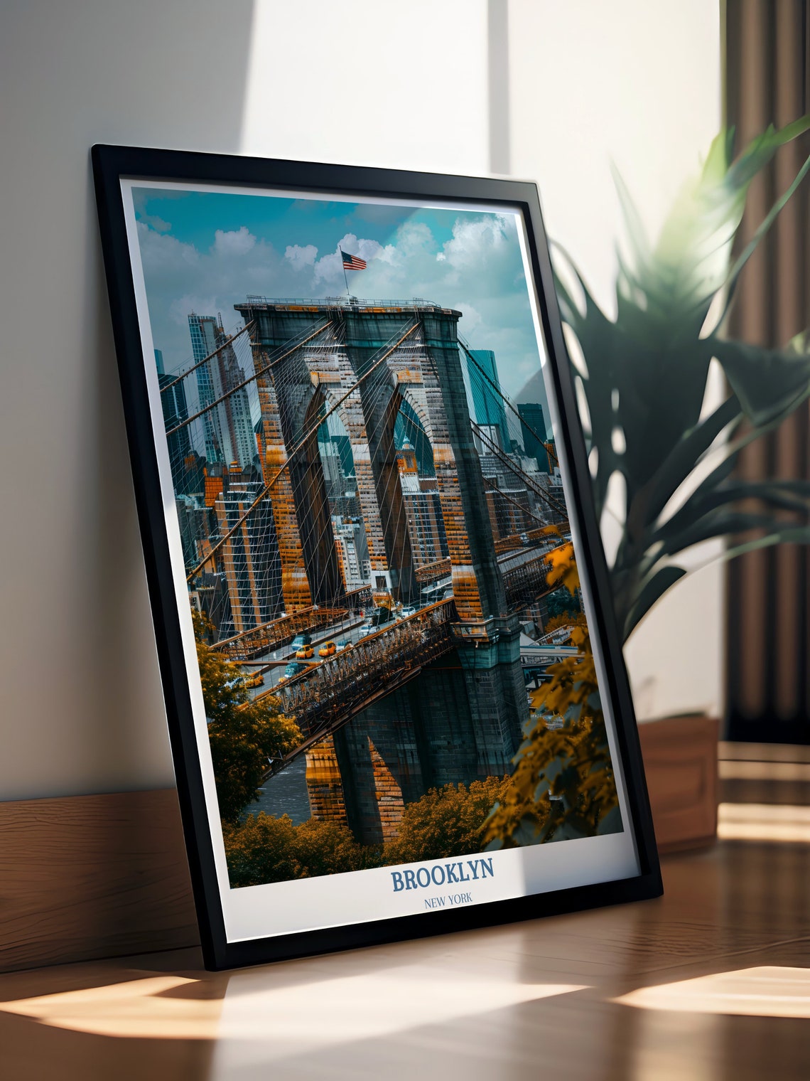 Brooklyn Bridge Tower Daytime View With US Flag Autumn Poster - Image 3