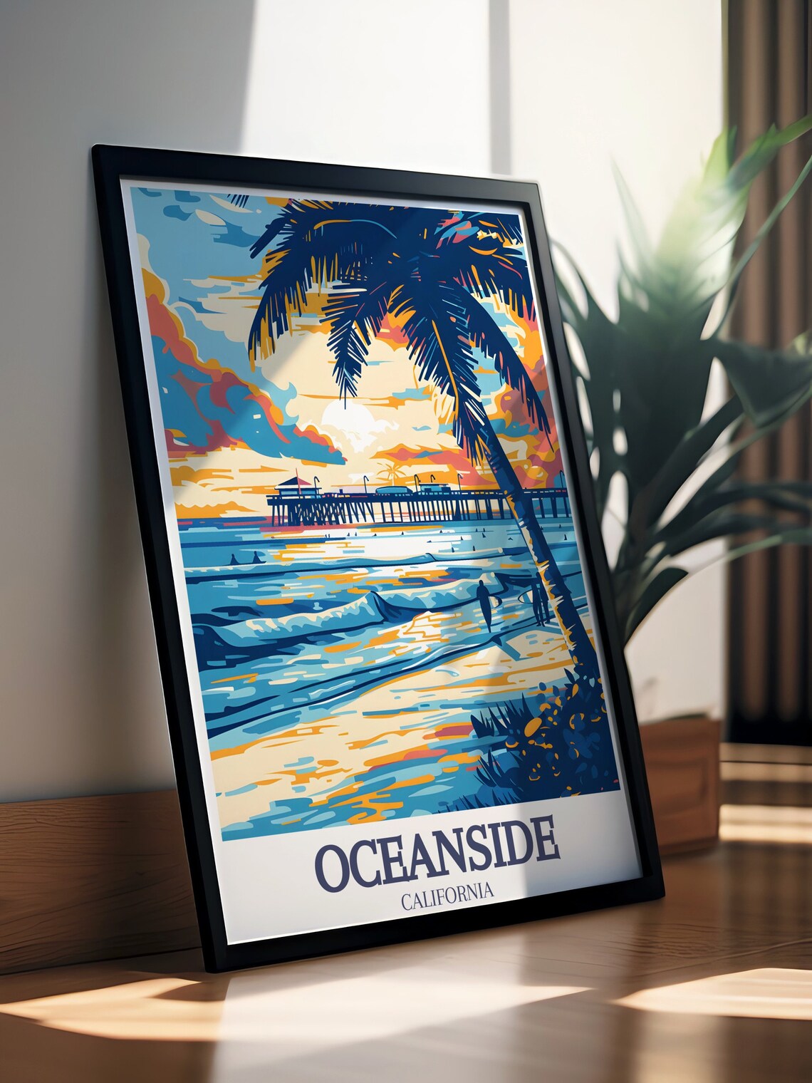 Oceanside Beach Pier Sunset Palm Fronds Surf California Poster - Image 3
