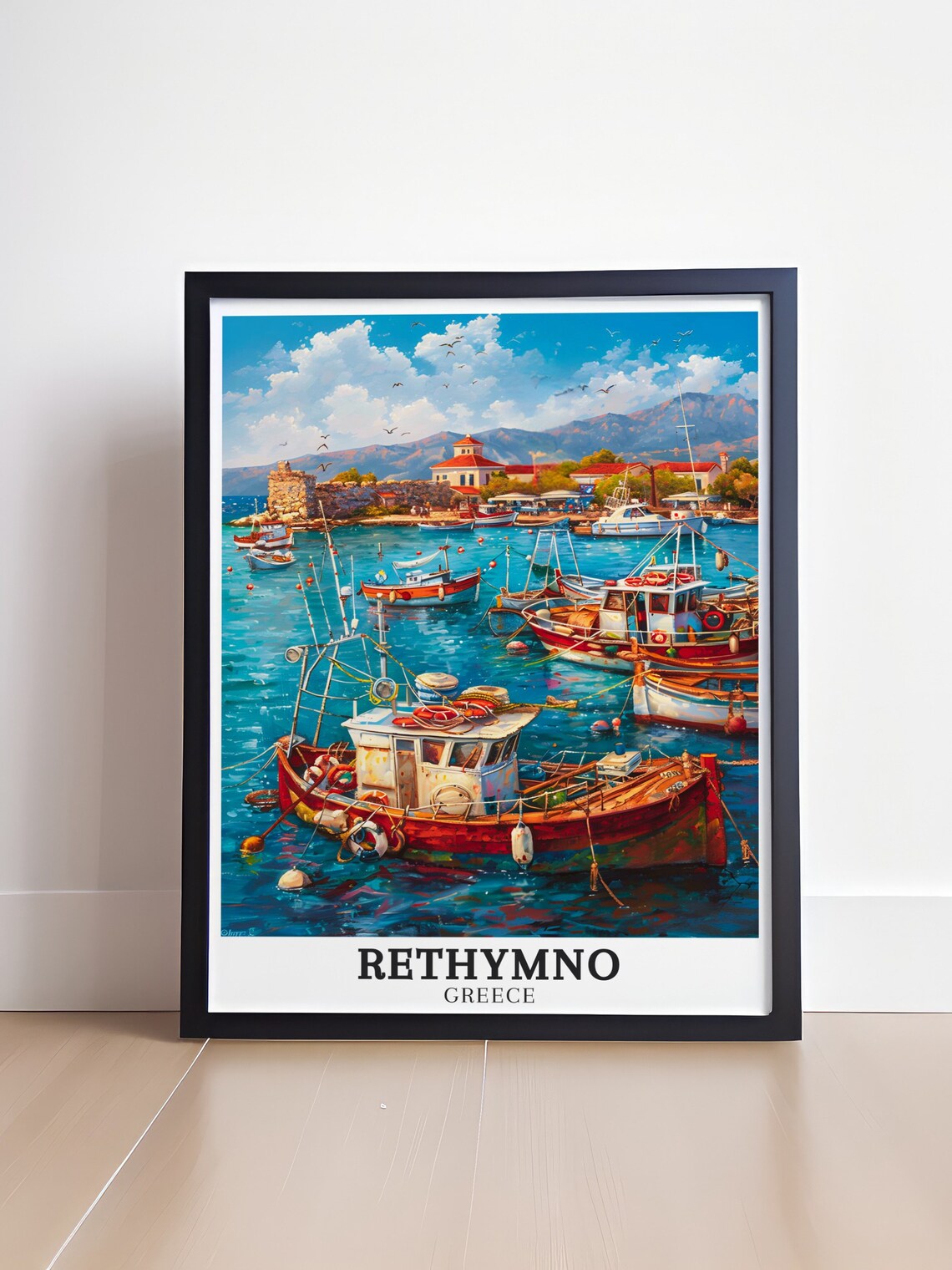 Rethymno Fishing Harbour Colorful Boats Impressionist Greece Poster - Image 4