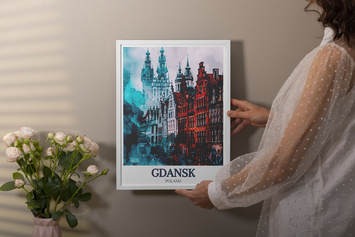Gdansk Poland Church Towers Watercolor Teal Red Cityscape Art Poster - Image 3