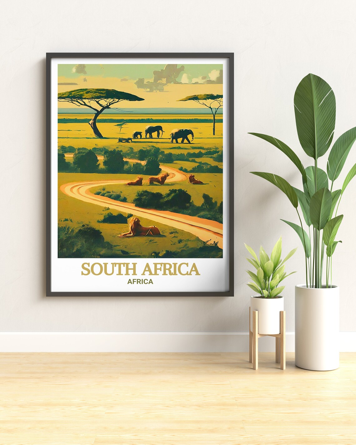 South Africa Safari Savanna with Elephants and Lions Travel Poster - Image 3