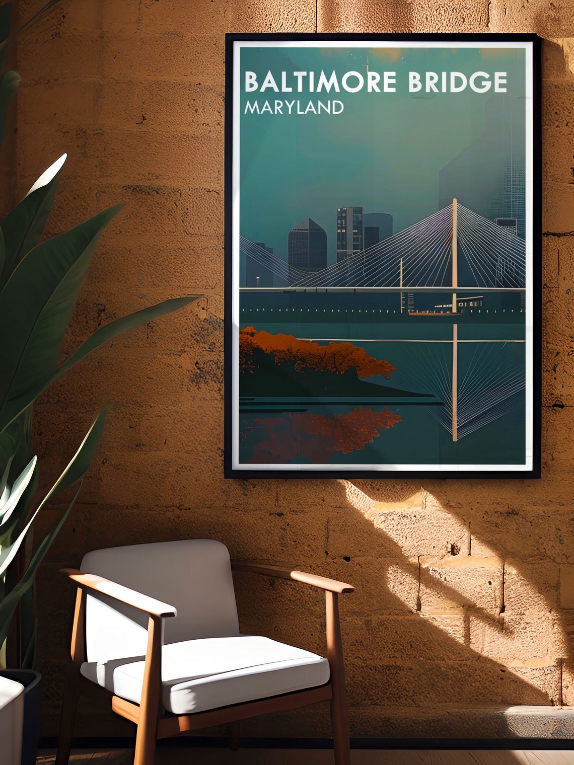 Baltimore Key Bridge Teal Dusk Reflection Minimal Travel Poster - Image 2